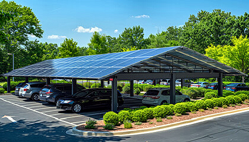 Parlplatzüberdachungen schaffen Schutz der Fahrzeuge darunter, bieten Schatten und erzeugen Energie für das Aufladen der E-Autos